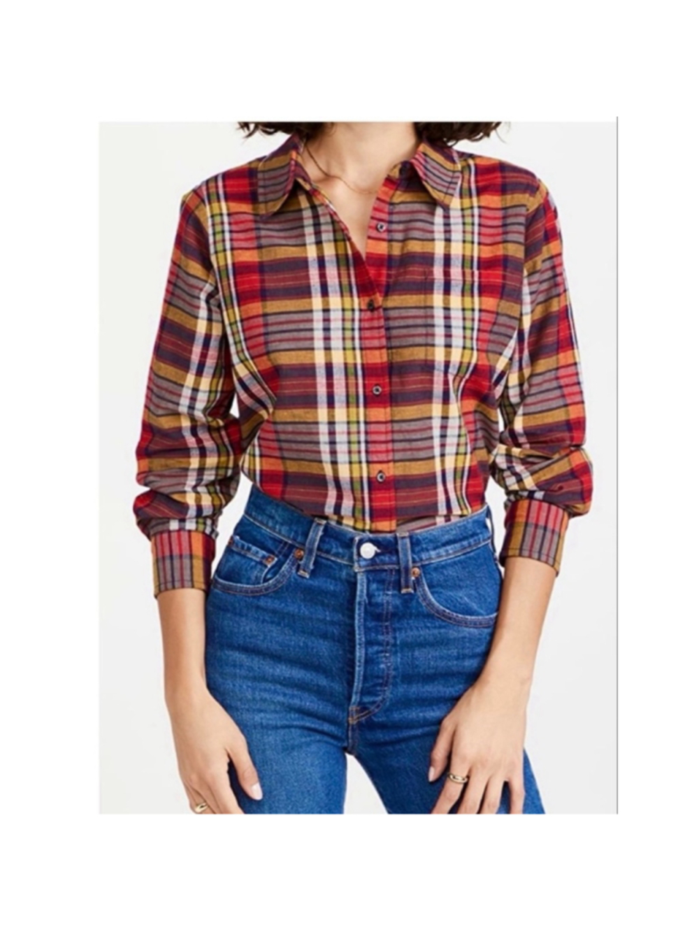 THE GREAT Red Yellow Plaid Cotton Flax Button Down Boxy Size XS